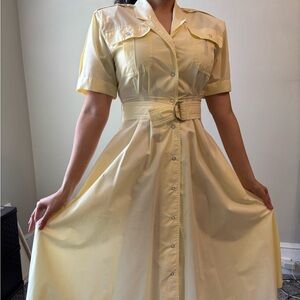 80's Vintage Butter Yellow Utility Dress Button Down Maxi Dress Belt - XS -Small